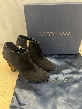 Sergio Rossi Black Suede Ankle Booties with Gold Side Zipper